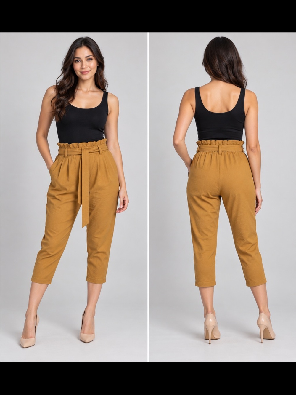 Paperbag Waist Cropped Tie-Front Capris in Mustard